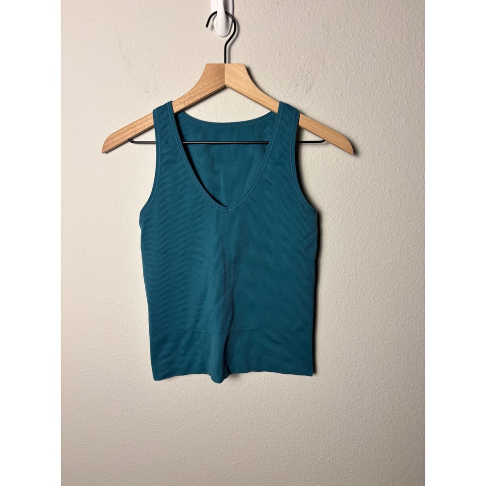 Athleta Aurora Seamless Tank Top Teal Blue Ribbed V-Neck Small
